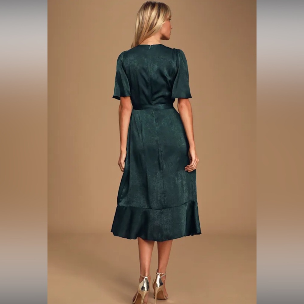 Lulus Wrapped Up In Love Dark Green Satin Faux-Wrap Midi Dress. Sz. Xlg - Picture 6 of 6